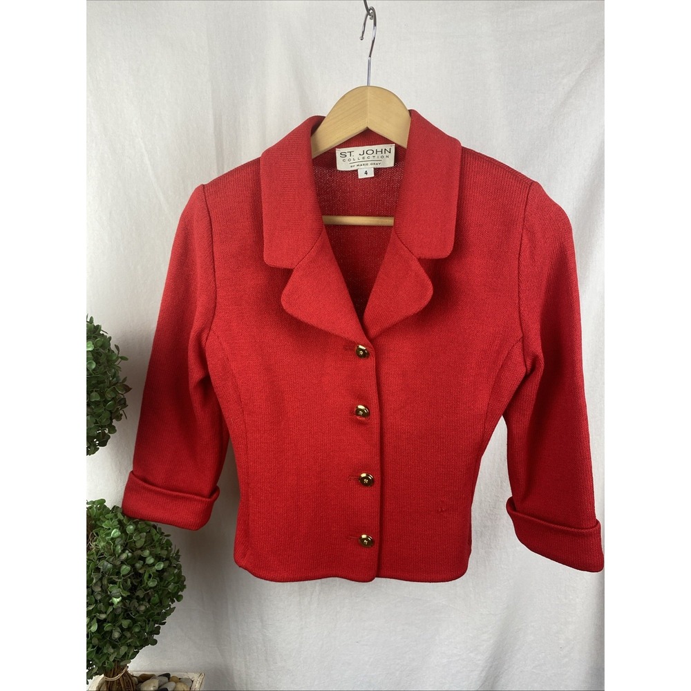 St. John Collection Marie Gray Red Half Sleeve Cropped Fitted Blazer Jacket 4